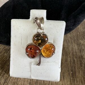 Vintage Sterling Silver 925 Amber Clover Pendant Jewelry Multi Color